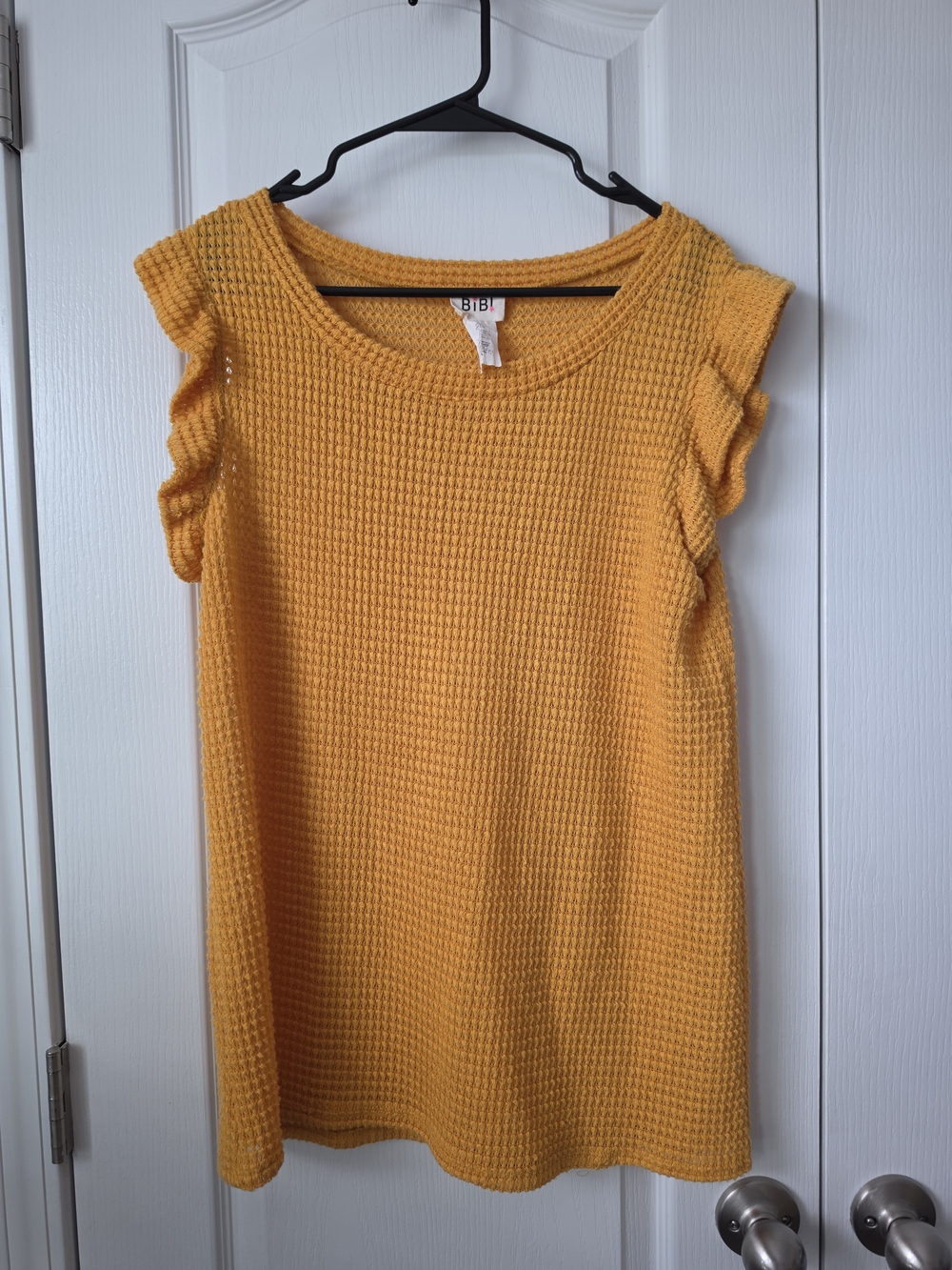 BIBI Yellow-Gold Knit Ruffle-Sleeve Top Womens Sz Large